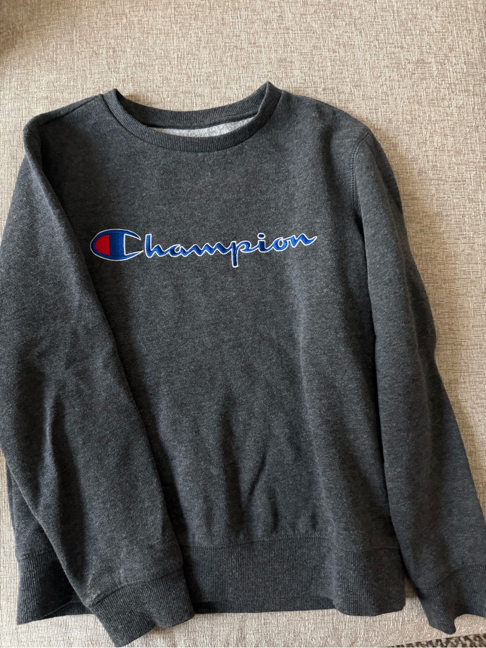 Champion Charcoal Crewneck with Blue and White Script